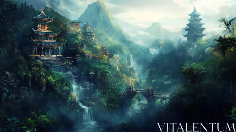 Misty mountain temples overlook waterfalls and a river valley