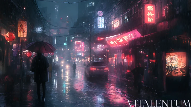Rain-soaked neon alleyway renders dense urban night atmosphere