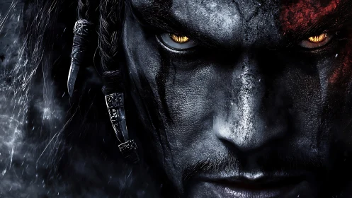 Close frontal view shows digitally rendered warrior face