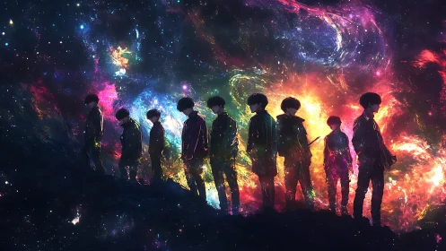 Silhouetted youths traverse a nebular ridge in prismatic light