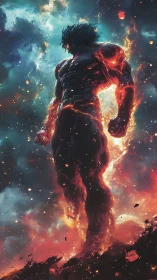 Molten titan rises through stormlit cosmic inferno.