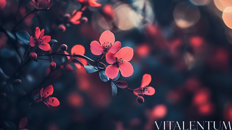 Red blossoms on dark bokeh background in soft focus.