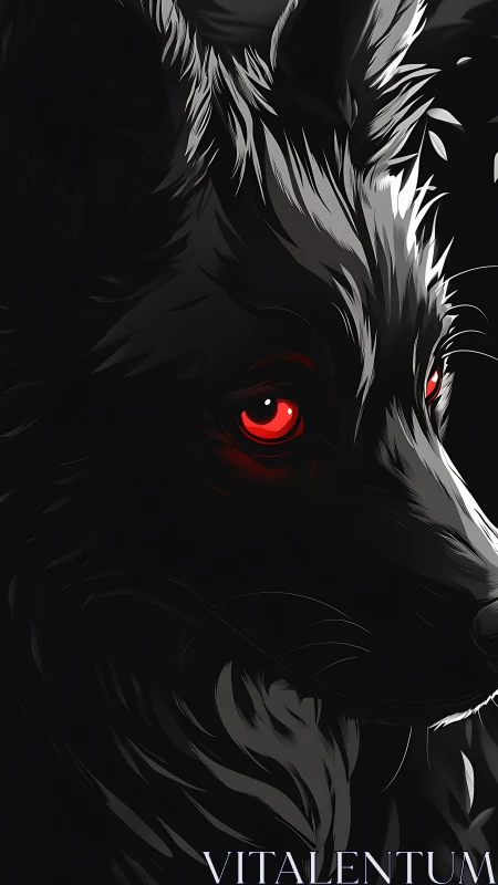 Black wolf portrait with glowing red eyes in stark contrast.