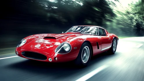 Red classic sports car races along a blurred forest road.