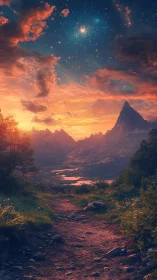 Starlit mountain valley glows under a vivid fantasy sunset
