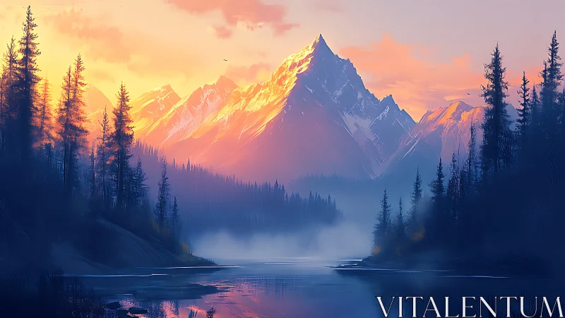 Sunrise paints the silent mountain over misty sapphire lake