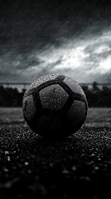 Rain soaked soccer ball under stormy sky with high contrast lighting