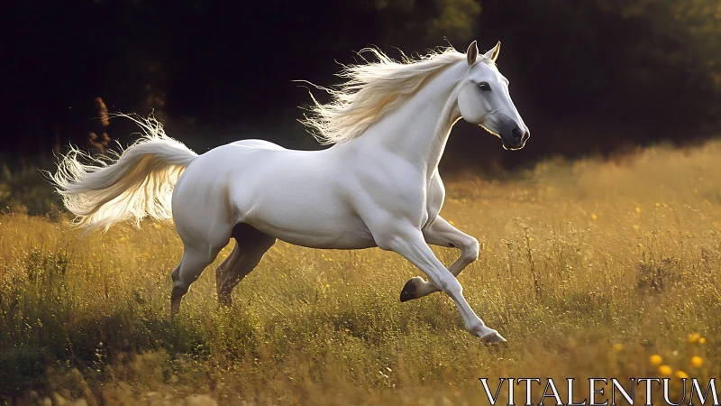 Photorealistic equine portrait in sunlit meadow composition.