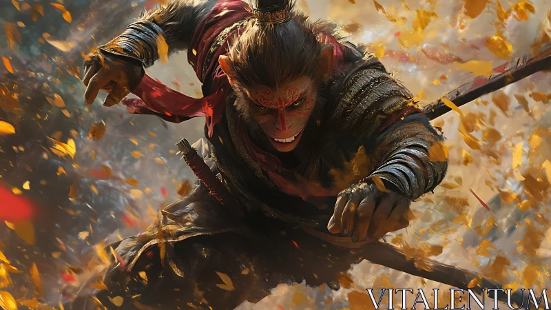 Armored simian warrior in mid-leap amid swirling leaves.