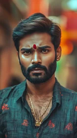 Intense urban portrait with warm bokeh and cultural detailing.