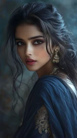 Portrait of woman in blue draped fabric and gold earrings.