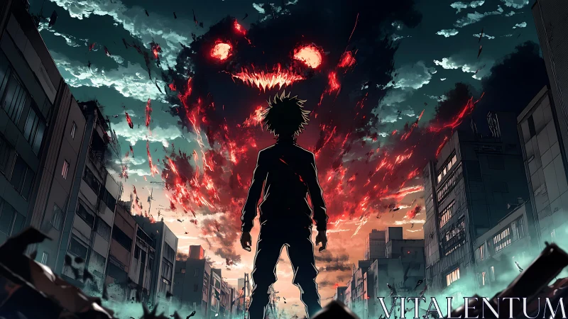 Silhouetted hero confronting apocalyptic fiery sky demon.