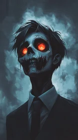 Undead businessman gazes upward with burning red eyes.