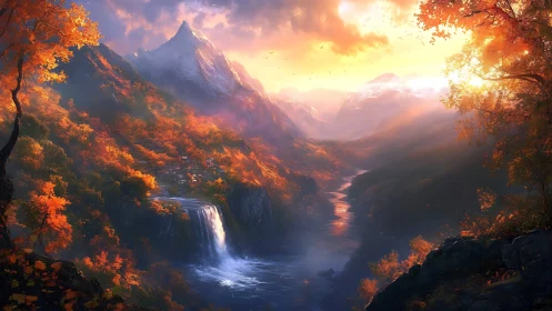 Autumn fire cascades through a misty valley of waterfalls.