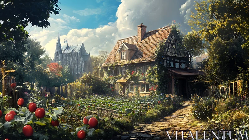 Sunlit cottage garden beside distant gothic cathedral.