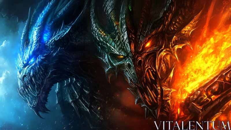 Twin elemental dragon heads divided by searing contrast.