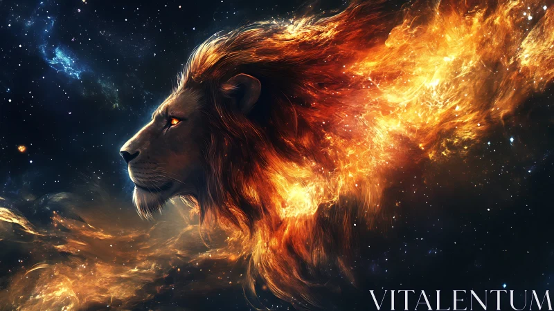 Stellar lion gazes calmly as its fiery mane flows through space