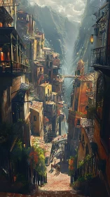 Terraced canyon cityscape with sunlit descending stairway.