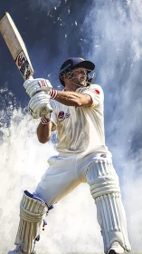 Bold cricket batter holds a powerful shot under bright sky