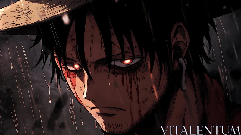 Somber anime hero stands in the rain with fierce glowing eyes.
