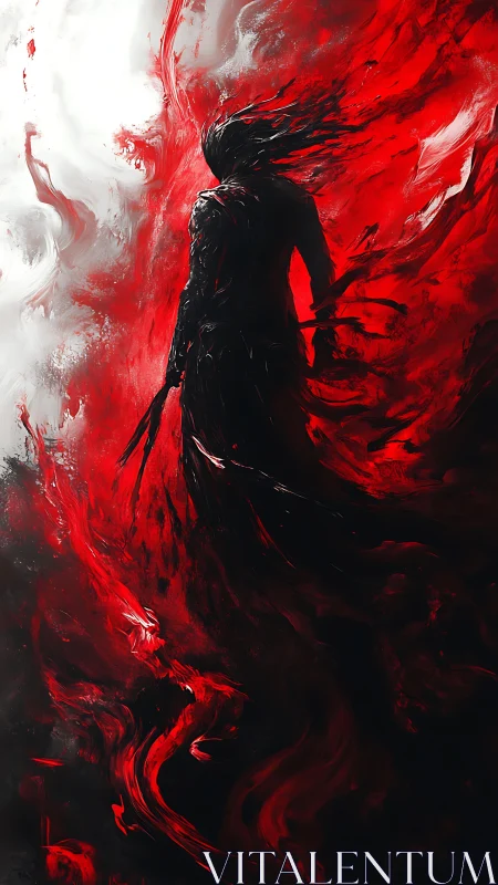 Silhouetted human figure stands in swirling red and white field