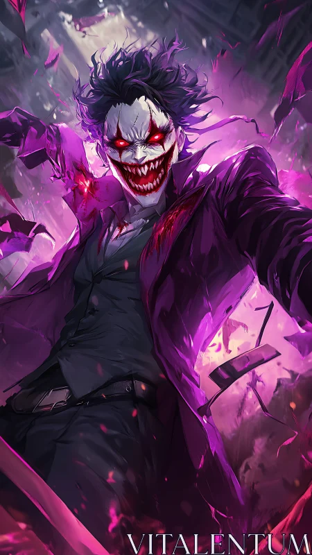 Sinister clown villain lunges forward in neon chaos.