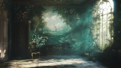 Sunlit garden salon where forgotten chairs keep dreaming.