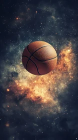 Textured basketball floating in cosmic nebula field scene.