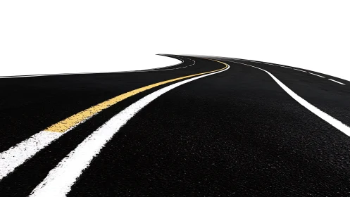 Curving asphalt highway lines sweep into white horizon space.