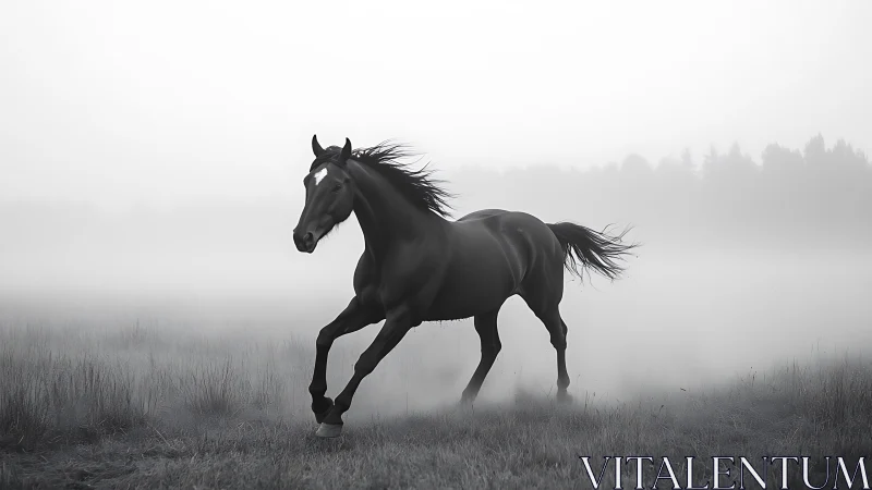 High-contrast equine motion study in dense atmospheric fog.