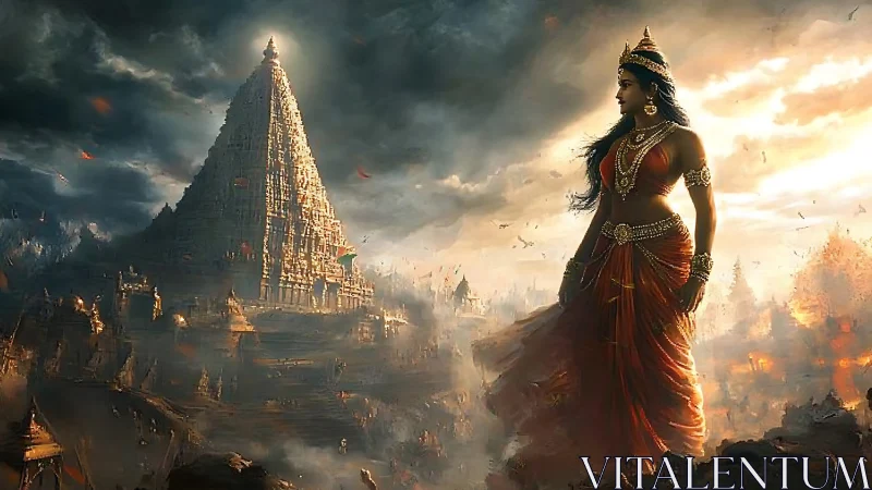 Divine warrior goddess overlooks burning ancient temple city