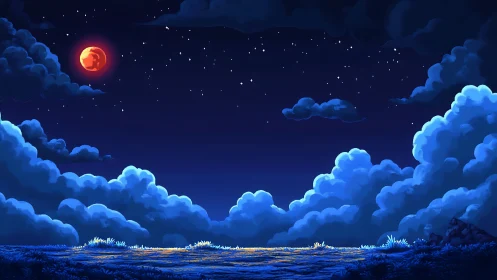 Crimson moonrise over dreamy pixel-lit midnight clouds.