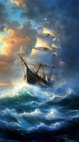 Tall ship battles rough teal waves under dramatic sky.