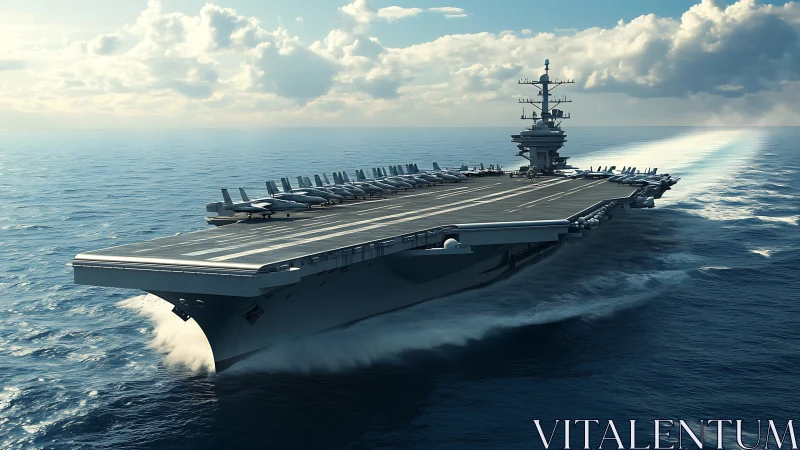 Modern aircraft carrier cuts through calm open ocean waters