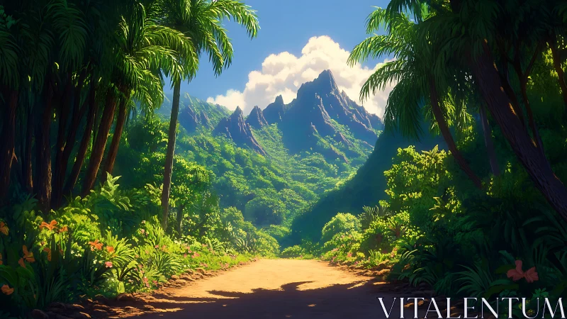 Tropical valley framed by towering palms beneath mountain peaks