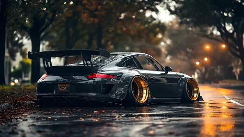 Widebody Porsche coupe on wet urban street at dusk.
