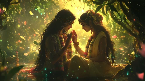 Mystic forest maidens in golden light of sacred bond.