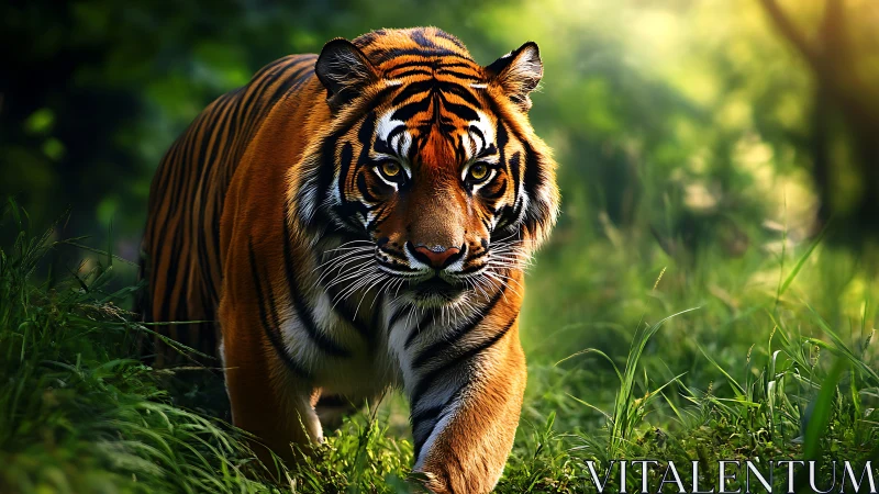 Majestic tiger stalks through sunlit jungle clearing with focus.