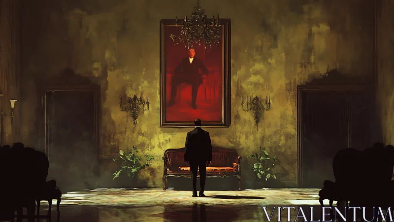 Man in grand hall facing large red portrait in silence.