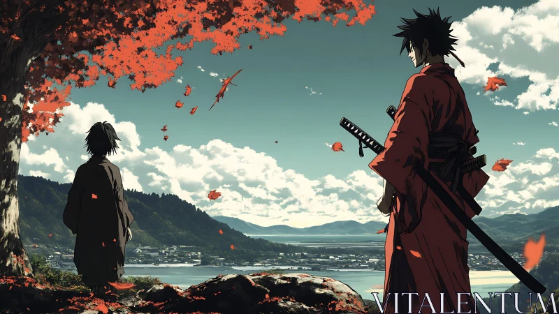 Samurai in ember leaves watching a quiet lakeside future.