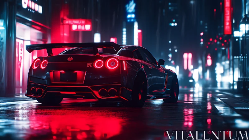 Neon-lit Nissan GT-R rear view on wet cyberpunk street.