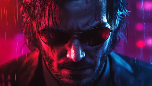 Brooding man in sunglasses stands under neon city rain