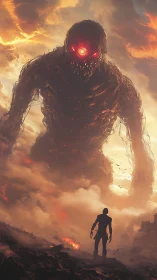 Colossal fiery-eyed titan confronts lone figure in apocalyptic haze