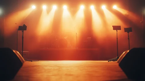 Golden stage lights glow softly around a waiting band setup