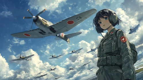 Anime pilot with military aircraft squadron in blue sky.