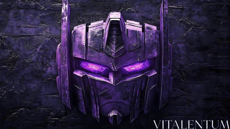 Glowing purple robot mask stares out from a textured wall