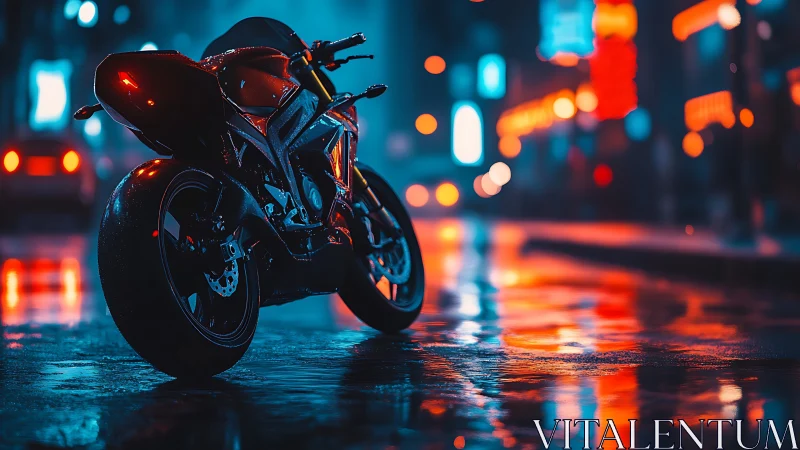 Neon‑lit supersport motorcycle on wet urban street at night.