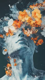 Frozen human bust erupts with vivid orange floral explosion