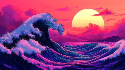 Digital seascape with stylized wave and large setting sun.