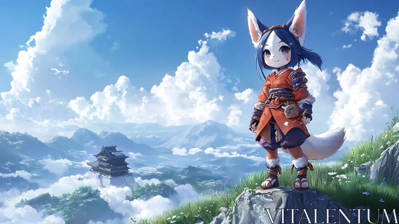 Fox-eared child stands on cliff above layered cloud valley